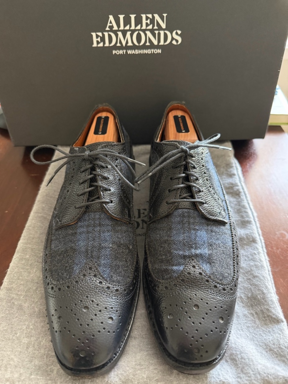 Allen Edmonds Leiden Black & Blue Plaid Wingtip, 9D